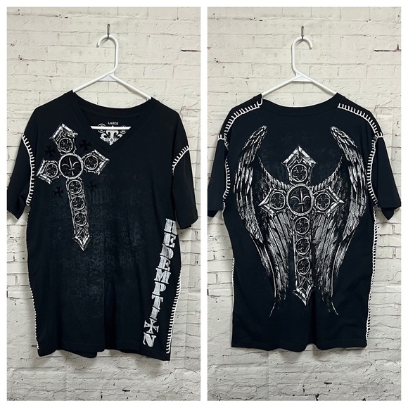 Raw State Size Large Y2K Men T-shirt Wings Cross Affliction Redemption Grunge V - Picture 1 of 12